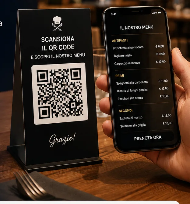 Menu digitale aperto su telefono dopo aver scansionato un QR code