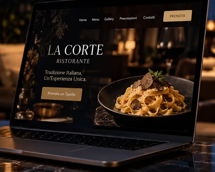 Sito di un ristorante mostrato su un portatile, accanto a un menu digitale con QR code